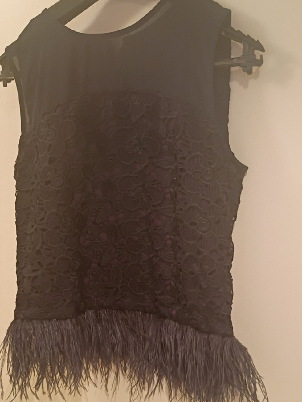 Greylin Dark Navy Lace & Sheer Sleeveless Top with Feather Trim